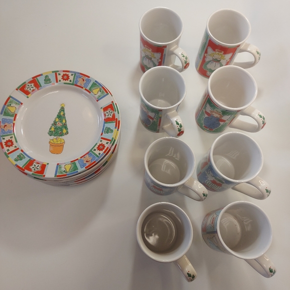 Vintage Patchwork Christmas Alecia Keen NIC mug and plate 16 pc dish set - Picture 8 of 13